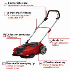 Einhell Power X-Change 18V Cordless Electric Push Sweeper - 610mm Width Electric Broom, 20L Dirt Tank, Adjustable Handle - TE-SW 18/610 Li Debris And