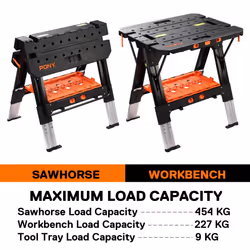 PONY 2-in-1 Folding Workbench, 227 kg Work Bench & 454 kg Saw Horse, 6 Adjustable Height Portable Work Table4 Quick Clamps, 4 Clamp Dogs & Tool Tray,