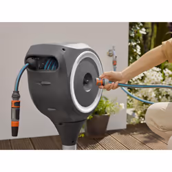 Gardena Patio Hose Box Rollup S: Weatherproof Box with roll-up Technology and 15m Hose, Irrigation of Small Gardens with Patio, Automatic retraction,