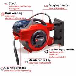 Einhell Wall Mounted Retractable Hose Reel with 30m Hose - Battery Powered Automatic Hose Retraction, Swivels 180?, 30m Garden Hose & Accessories -