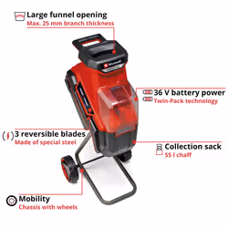 Einhell Power X-Change Cordless Garden Shredder - 3 Reversible Steel Blades, 25mm Branch Capacity, Large 55L Collection Sack - REDAXXO 36/25 Battery