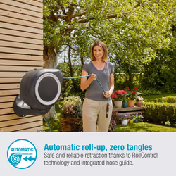 Gardena Wall-Mounted Hose Box Rollup S (White) 15 m: Versatile Watering System for Small Gardens, Swivel Hose Reel, with Wall Bracket, System Parts