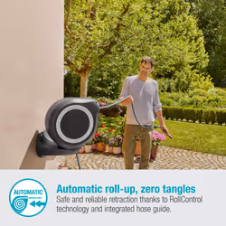 Gardena Wall-Mounted Hose Box Rollup M 20 m: Flexible Watering for Medium-Sized Gardens, Swivel Hose Reel, with Wall Bracket, System Parts and Nozzle,