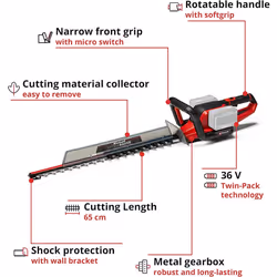Einhell Power X-Change 36V Cordless Hedge Trimmer - 65cm (26 Inch) Cutting Length, Laser-Cut Diamond-Ground Steel Blades - GE-CH 36/65 Li Electric