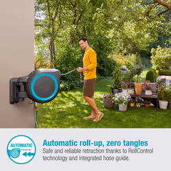 Gardena Wall-Mounted Hose Box Rollup XL (Turquoise) 35 m: Versatile Watering System for Large Gardens, Swivel Hose Box, Including 35 m Gardena Hose