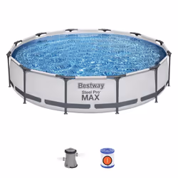 Bestway Steel Pro Pool Swimming Pool, Round Above Ground Garden Frame Pool, Multiple Sizes, 12' x 30"/3.66m x 76cm, Grey