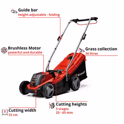 Einhell Power X-Change 18/33 Cordless Lawnmower - 18V, Brushless Motor, 33cm Cutting Width, 30L Grass Box, 5 Cutting Heights - GE-CM 18/33 Li Solo