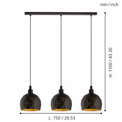 Eglo Roccaforte 3-flame Pendant Lamp, Steel, Black and Gold Hanging Light, E27 Socket