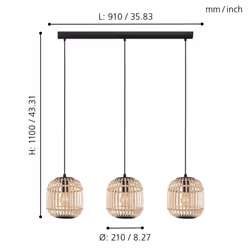 EGLO Bordesley Pendant Light, 3-Bulb Vintage, Natural, Boho, Hygge, Pendant Light Made of Steel in Black and Wood in Natural Colours, Dining Table