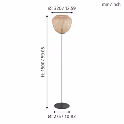 EGLO Floor lamp Dembleby, vintage and boho standing light made of black steel and natural wood, living room lighting with foot switch, E27 socket