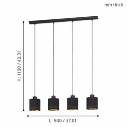 Eglo Esteperra 4-Flame Pendant Lamp, Steel and Fabric Coloured in Black and Gold vintage Ceiling Light, Retro Dining and Living Room Hanging Lighting,