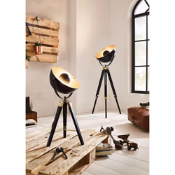 Eglo Covaleda 1-Flame Industrial and Vintage Floor lamp, Made of Wood and Steel with Brass, Black and Gold Colours Standing Light, incl. Switch, E27