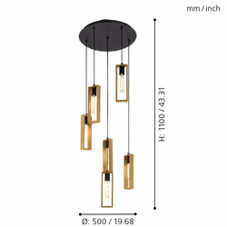 Eglo Littleton Pendant lamp, 6-Light Vintage Pendant lamp in Industrial Design, Retro Hanging lamp Made of Steel and Wood, Colour: Black, Brown,