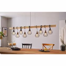 Eglo Pendant lighting Townshend 5, 9 light vintage hanging lamp in industrial design, retro ceiling light made of black metal and natural wood, FSC