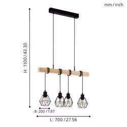Eglo Pendant lighting Townshend 5, 4-lamp vintage ceiling light fitting, industrial hanging lamp for living and dining room, black metal and natural