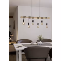 Eglo Pendant Lighting Townshend, 6 Light Vintage Hanging lamp in Industrial Design, Retro Ceiling Light Made of Black Metal and Natural Wood, FSC