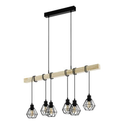 Eglo Pendant lighting Townshend 5, 6 light vintage hanging lamp in industrial design, retro ceiling light made of black metal and natural wood, FSC