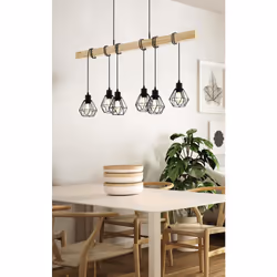 Eglo Pendant lighting Townshend 5, 6 light vintage hanging lamp in industrial design, retro ceiling light made of black metal and natural wood, FSC