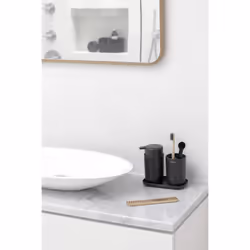Brabantia ReNew 3 Piece Bathroom Accessory Set, Refillable Handwash Soap Dispenser, Toothbrush Holder & Tray, Set of 3, Dark Grey