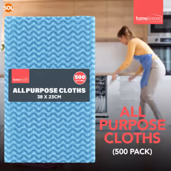 SOL 500pk All Purpose Cloths, 38x23cm Disposable Cleaning J Cloths Blue, Soft, Absorbent, Gentle & Reusable for Household and Professional Cleaning,