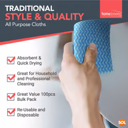 SOL 500pk All Purpose Cloths, 38x23cm Disposable Cleaning J Cloths Blue, Soft, Absorbent, Gentle & Reusable for Household and Professional Cleaning,