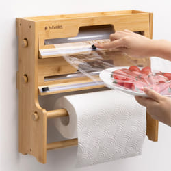 Navaris 3 in 1 Cling Film Dispenser with Cutter - Space Saving Kitchen Roll Storage and Foil Organiser - Bamboo Tin Foil and Clingfilm Holder with