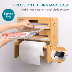Navaris 3 in 1 Cling Film Dispenser with Cutter - Space Saving Kitchen Roll Storage and Foil Organiser - Bamboo Tin Foil and Clingfilm Holder with