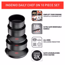 Tefal Ingenio Daily Chef ON 10 Piece Non-Stick Induction Pan Set, 22&26cm Frying Pans, 18&20cm Saucepans, 24cm Sautepan, 18&20cm Hermetic Lids,
