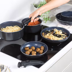 Russell Hobbs RH03321EU7 Smart Clip Pot and Pan Set ? 8 Piece Ceramic Non-Stick Frying Pans & Saucepans with 2 Detachable Handles, Stackable Design,