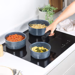 Russell Hobbs Nightfall Stone Saucepan Set ? Smart Clip Non-Stick Pans, 16cm, 18cm, 20cm, Stay Cool Detachable Handle, Oven to Hob to Table Cooking,