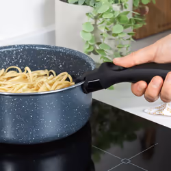 Russell Hobbs Nightfall Stone Saucepan Set ? Smart Clip Non-Stick Pans, 16cm, 18cm, 20cm, Stay Cool Detachable Handle, Oven to Hob to Table Cooking,