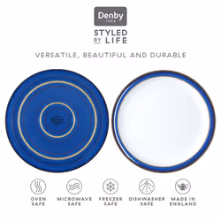 Denby - Imperial Blue Medium Plates Set of 4 - Dishwasher Microwave Safe Crockery 22cm - Royal Blue, White Ceramic Stoneware Tableware - Chip & Crack