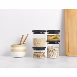 Brabantia Set of 4 Stackable Storage Jars (2 x 0.3L + 2 x 0.6L) Heat Resistant, Microwave Safe, Dishwasher Safe Food Canisters for Kitchen, Dark Grey