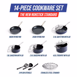 Blue Diamond Cookware Diamond Infused Ceramic Nonstick 14 Piece Cookware Pots and Pans Set, Includes Frying Pans, Saut?, Saucepans, Strainer,
