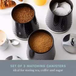 SWAN Elegance SWKA18533BLK Set of 3 Kitchen Storage Canisters for Tea, Coffee, and Sugar with Textured Gloss Finish and Stainless Steel Accents, 1.3L,