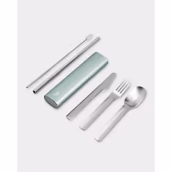Chilly's Cutlery - Stainless Steel Utensils with Aluminium Travel Case - Knife, Fork, Spoon, & Straw - Lichen Green