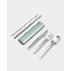 Chilly's Cutlery - Stainless Steel Utensils with Aluminium Travel Case - Knife, Fork, Spoon, & Straw - Lichen Green