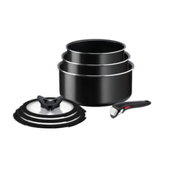 Tefal Ingenio Easy ON 7 Piece Non-Stick Saucepan Set, 16&18&20 cm Saucepans, 16&18&20 cm Glass Lids, Bakelite Removable Handle, Easy Cleaning, Heat