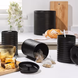 Russell Hobbs Ribbed 4-Piece Round Countertop Set ? Set of 3 Kitchen Storage Canisters & Bread Bin, Tea, Coffee and Sugar, Durable Steel, Pull Top