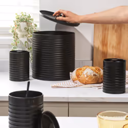 Russell Hobbs Ribbed 4-Piece Round Countertop Set ? Set of 3 Kitchen Storage Canisters & Bread Bin, Tea, Coffee and Sugar, Durable Steel, Pull Top