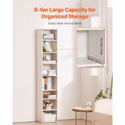 VEVOR 8 Tiers Narrow Bookshelf, 71 in Wooden Tall Open Bookcase with Height-Adjustable Shelf, Freestanding Display Storage Floor Bookcase Bookshelf
