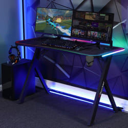 X-Rocker Lumio XL RGB Gaming Desk 140 x 60cm, Large Gaming Table for Laptop Home Office Desk, Carbon Fibre Effect Gaming PC Desk with Headphone Hook