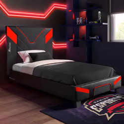 X-Rocker Cerberus Gaming Bed, 3ft Single Bedstead Frame, Wooden Slats, PU Faux Leather Upholstered Headboard, Low Footboard,  ...