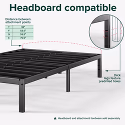 Zinus Elias King size Bed frame - Bed 150 x 200 cm - 36cm Height - Metal Bed frame with underbed storage and steel slat support - Black