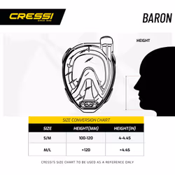 CRESSI Baron+Tonga Combo Black/Black S/M-Set Baron Full Face Mask, Wide View, Anti-fog System, Easy Breathing+Light Adjustable Tonga Fins,
