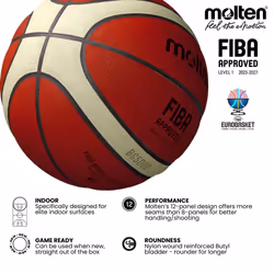Molten BG5000 Basketball, Official International FIBA Game & Match Ball, FIBA Approved, Premium Real Leather, Indoor Play, Orange/Ivory, Size 6, For