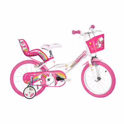 Dino Bikes Unicorn Kids Bike 16-inches, Girls, White/Pink with Doll Seat, Basket and Stabilisers