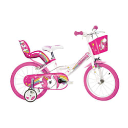 Dino Bikes Unicorn Kids Bike 16-inches, Girls, White/Pink with Doll Seat, Basket and Stabilisers