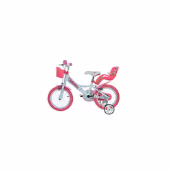 Dino Bikes Unicorn Kids Bike 16-inches, Girls, White/Pink with Doll Seat, Basket and Stabilisers