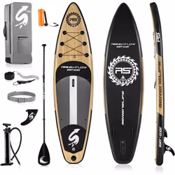 SereneLife 15cm Thick Performance Inflatable Paddle Board, Sleek Woodgrain SUP with Speed-Focused Design, Non-Slip Deck, Wide ...